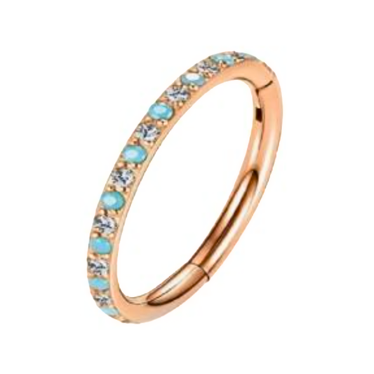 Rose Gold base Blue Opal + Clear CZ Clicker Hoop