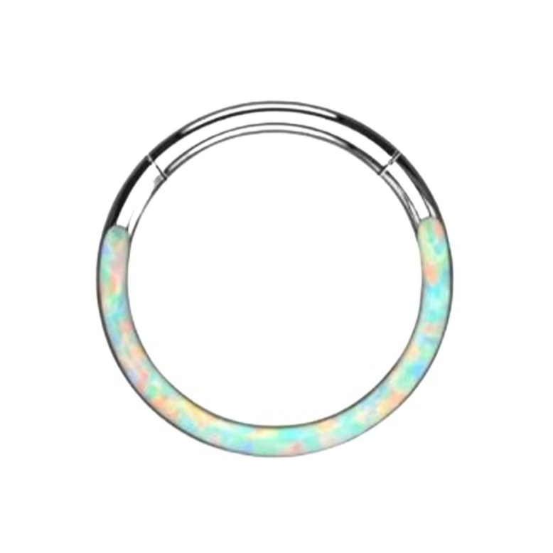 Silver base Opal front face Clicker Hoop